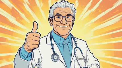 A 55-year-old doctor from South Korea gives a thumbs up with strong approval. Health. Longevity.	