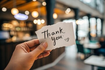 A hand holds a 'Thank you' note with a heart, expressing gratitude in a cafe setting.
