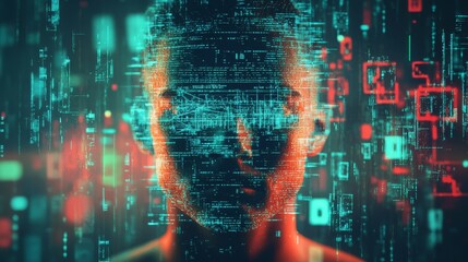 Digital human face with binary code overlayed on a blurred background.
