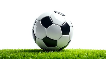 Fototapeta premium A Classic Soccer Ball on Fresh Green Grass, Isolated on a White Background, Perfect for Sports Designs, Football Themes, or Adding an Energetic Touch to Creative Projects Celebrating the Game of Socce