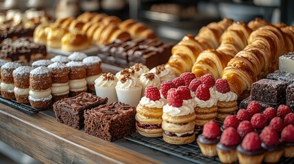 Bakery Showcase: An array of fresh pastries and baked goods meticulously arranged, creating a delectable display perfect for food lovers.