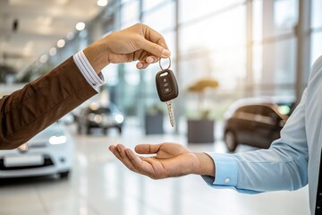 Car keys are handed over in a car dealership after a successful vehicle purchase.