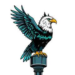 Fototapeta premium majestic bald eagle perched on flagpole in bold teal and yellow high-quality vector art