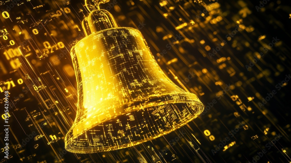 Poster glowing golden bell with digital code background.