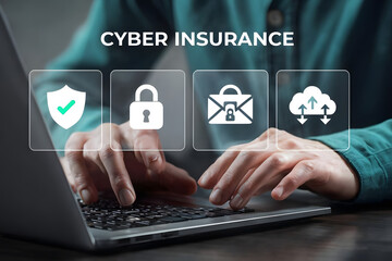 hand pressing social network button, Person Typing on Laptop with Cyber Insurance Icons