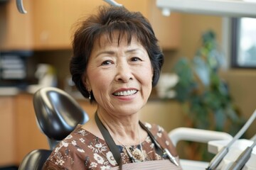 Smiling middle aged female Asian dentist in a modern dentists office portrait