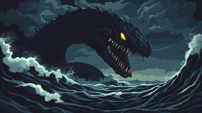 A chilling scene of an ocean at night under a stormy sky where the silhouette of a massive evil sea monster lurks beneath the waves horror palpable in the air. Chilling Undertow. Illustration