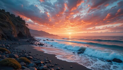 Obraz premium Breathtaking Sunset Over Serene Beach with Rocky Shoreline