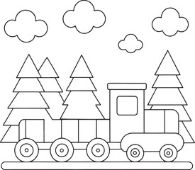 Naklejka premium a train travels through a forest with trees and clouds