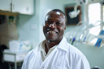 Fototapeta premium Smiling middle aged African dentist in a modern dentists office portrait