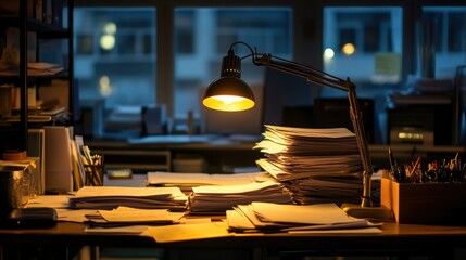 Fototapeta premium Desk Lamp Illuminates Late-Night Work Session with Stack of Pape