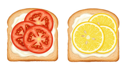 Isolated toast with cream cheese, tomato and lemon