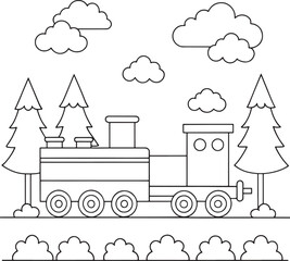 Naklejka premium a train travels through a forest with trees and clouds