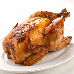 Grilled whole chicken isolated on white background