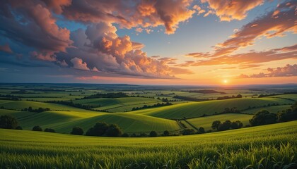 Obraz premium Serene Sunset Over Rolling Green Hills Beneath Dramatic Sky