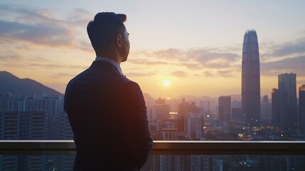 Fototapeta premium Confident businessman in suit observing sunrise over city skyline from office
