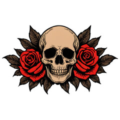 Woodcut tattoo illustration of a Skull surrounded by roses isolated on a background