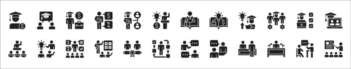 Business education icon set. Business employee coaching icons. Contains symbol of management, training, mentoring, expert, qualification, qualified worker, learning, selection. Vector illustration