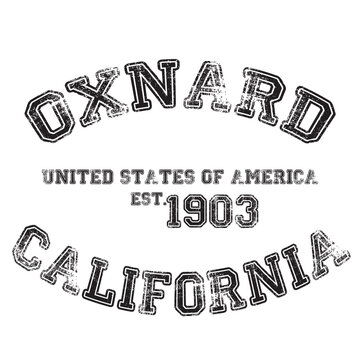 vintage college varsity california's oxnard city slogan emblem print with grunge effect for graphic tee t shirt or sweatshirt - vector
