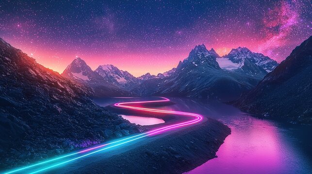 Neon river glowing with pink and blue light trails winding through mountain ranges under starry night sky, surreal futuristic landscape concept for sci-fi movie backgrounds, game environment design or
