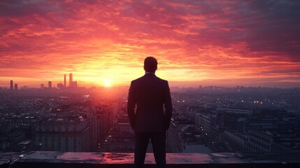 Plakat Businessman enjoying a sunrise view over the city from a rooftop
