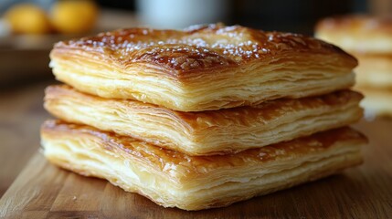 Flaky Pastry Delight: A tempting stack of golden-brown, freshly baked puff pastries, artfully arranged on a rustic wooden board, inviting indulgence and capturing culinary artistry.