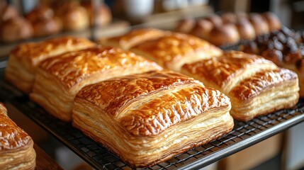 Golden Baked Delight: A close-up shot of a selection of golden-brown pastries, showcasing the textures, layering, and appetizing qualities of these treats