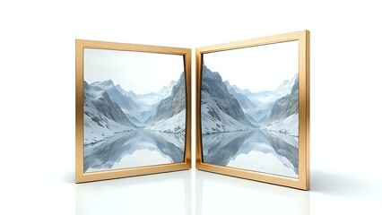 Two mirrors reflecting an icy mountain scenery, isolated on a white background, beautifully capturing the grandeur of nature and the serene elegance of snowy peaks through a minimalist design