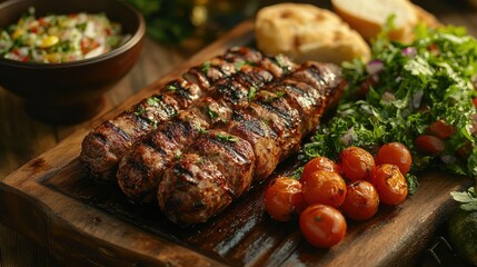 Grilled Kabobs Platter: A culinary masterpiece, capturing the essence of grilled kabobs alongside a fresh salad with a hearty slice of bread. Evoking a sense of delight for food lovers.