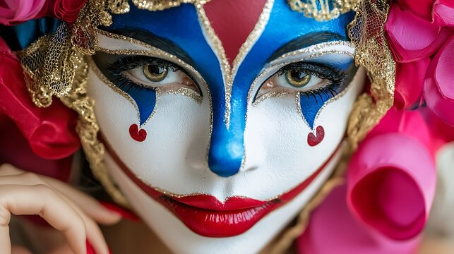 Elegant Carnival Mask with Vibrant Makeup and Colorful Details