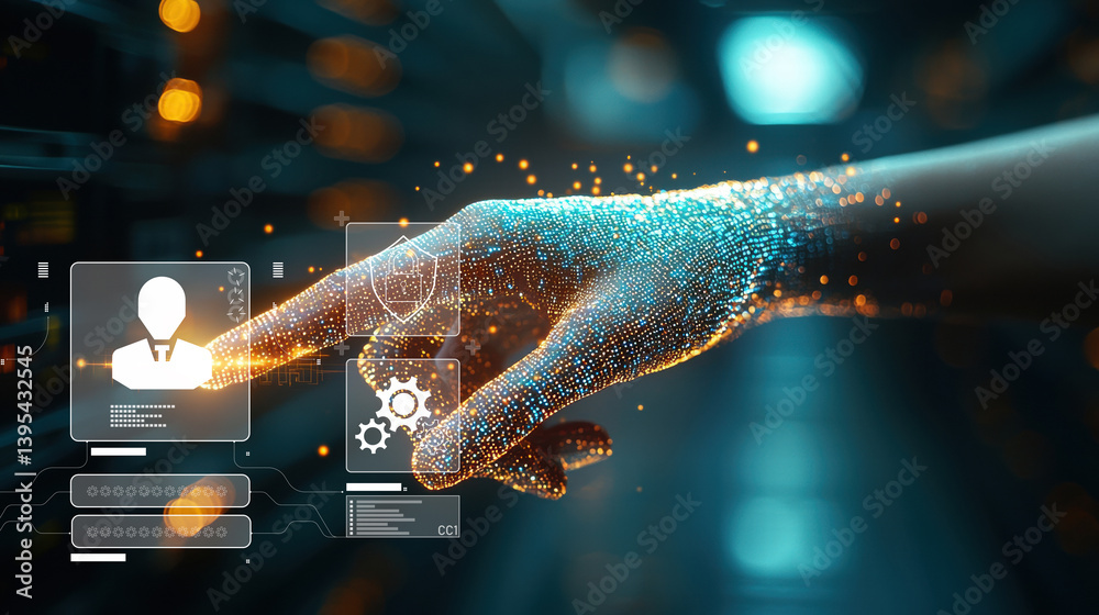 Fototapete hand reaching towards digital interface, symbolizing data processing and technology. image conveys sense of innovation and connection in modern data environment