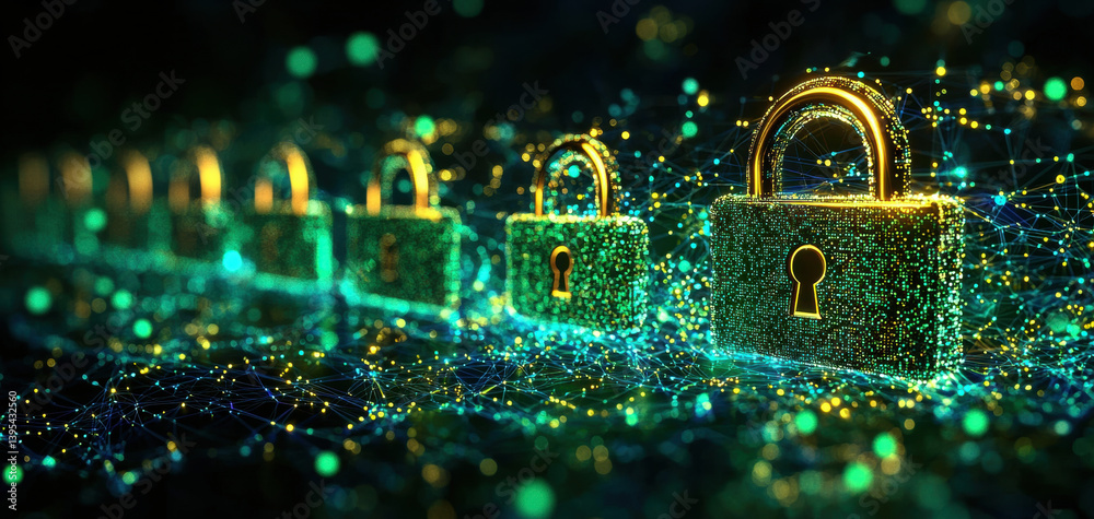 Aufkleber digital locks illuminated by vibrant green and gold lights, symbolizing data protection and privacy 