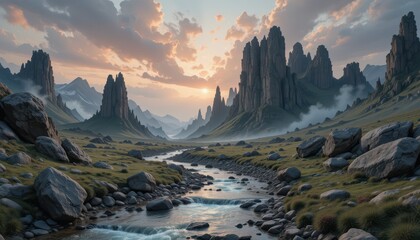 Majestic Mountains and Serene River at Sunset Landscape View