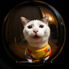 Adorable Cat in Colorful Clothes A Fish-Eye Lens Perspective