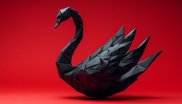 origami model of a black swan on red background - stock market ideom