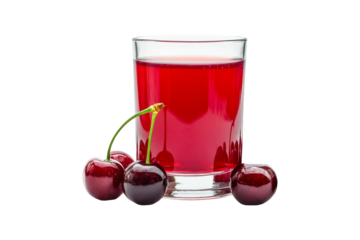 Glass of cherry juice with fresh cherries isolated on transparent background