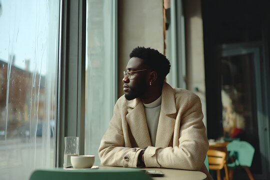 A pensive young Black man sits at a cafe window gazing outside lost in thought - Powered by Adobe