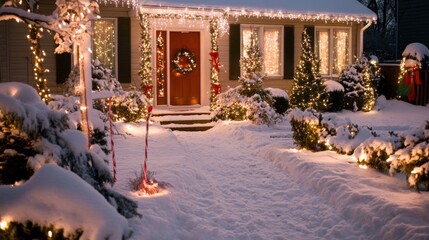 Fototapeta premium Snowy Christmas Home Exterior with Festive Lights