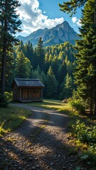 Tranquil Forest Pathway Leading to a Cozy Cabin Surrounded by Nature