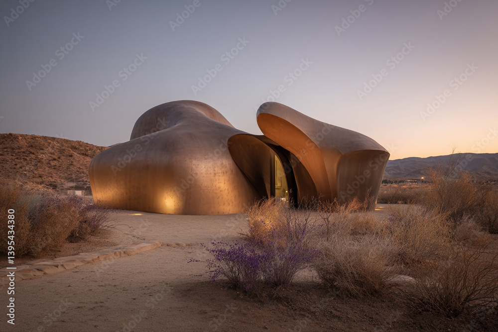 Poster bronze-colored building with curved architectural design, situated in a desert landscape at sunset, 