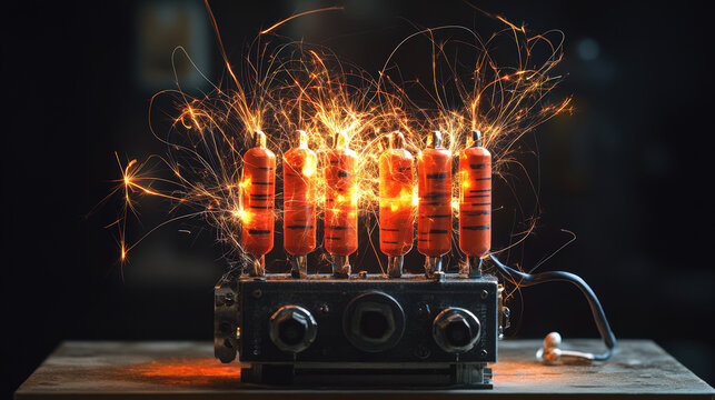 A table with a device that has a bunch of orange things on it