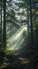 Fototapeta premium Ethereal Forest with Sunbeams Filtering Through Tall Trees