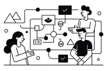 Modern Flat Design Business Workflow Illustration – Team Analyzing Flowchart Process with Data Connections and Strategy Mapping.