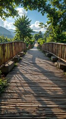 Fototapeta premium Serene Bamboo Bridge Overlooking Lush Green Landscape in Nature