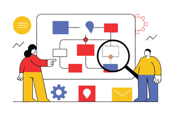 Workflow Process Flowchart Illustration – Teamwork, Project Management, Business Analysis, Flat Design Vector Concept.