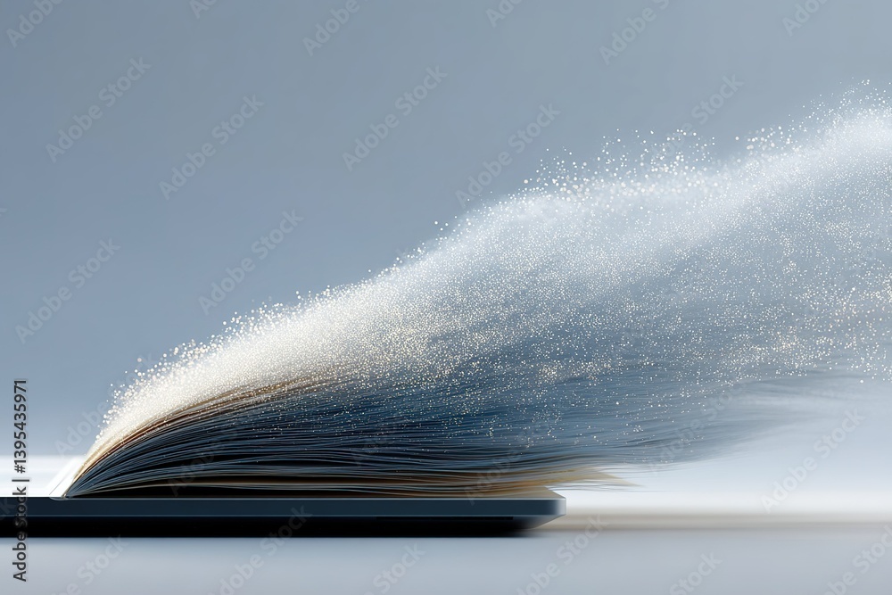 Poster creative display of a book with pages creating a flow of particles against a simple background
