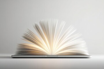 Open book with fanned pages illuminated on a clean white background showcasing creativity and inspiration in literature
