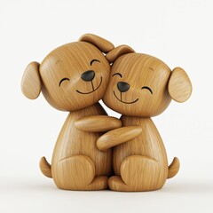 Smiling wooden dog figurines embracing on white background, symbolizing companionship, love, and harmony. Perfect for decorative art, gifts, and playful representations of affection.