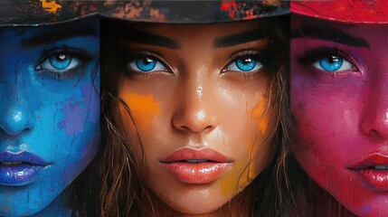 Fototapeta premium Chromatic Portrait: A captivating portrait of a woman, split into three segments, each featuring a striking color palette, showcasing the multifaceted beauty and the artistry.