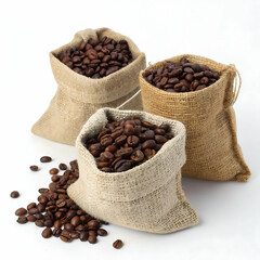 Roasted coffee beans in hemp sacks isolated on white background